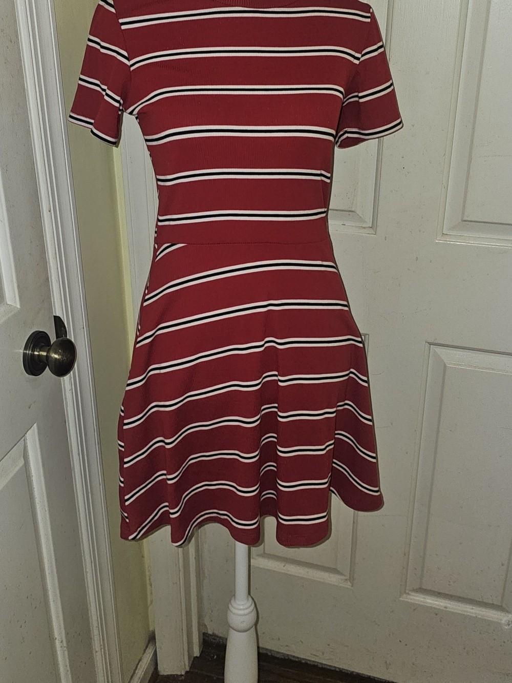 Red Striped Short Sleeve Fit-and-Flare Dress